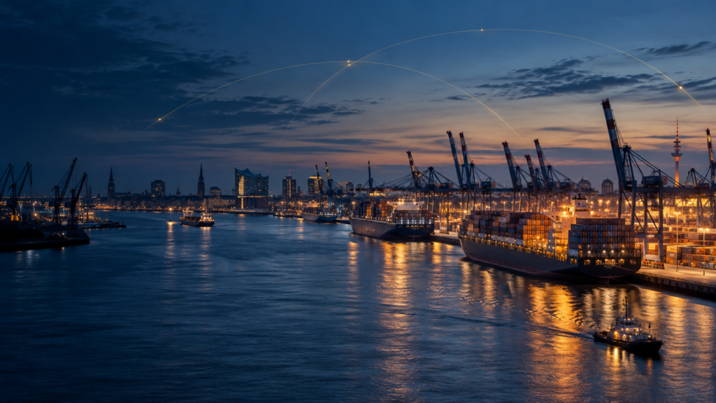 Hamburg port at blue hour with cargo ships, cranes and subtle global connection lines